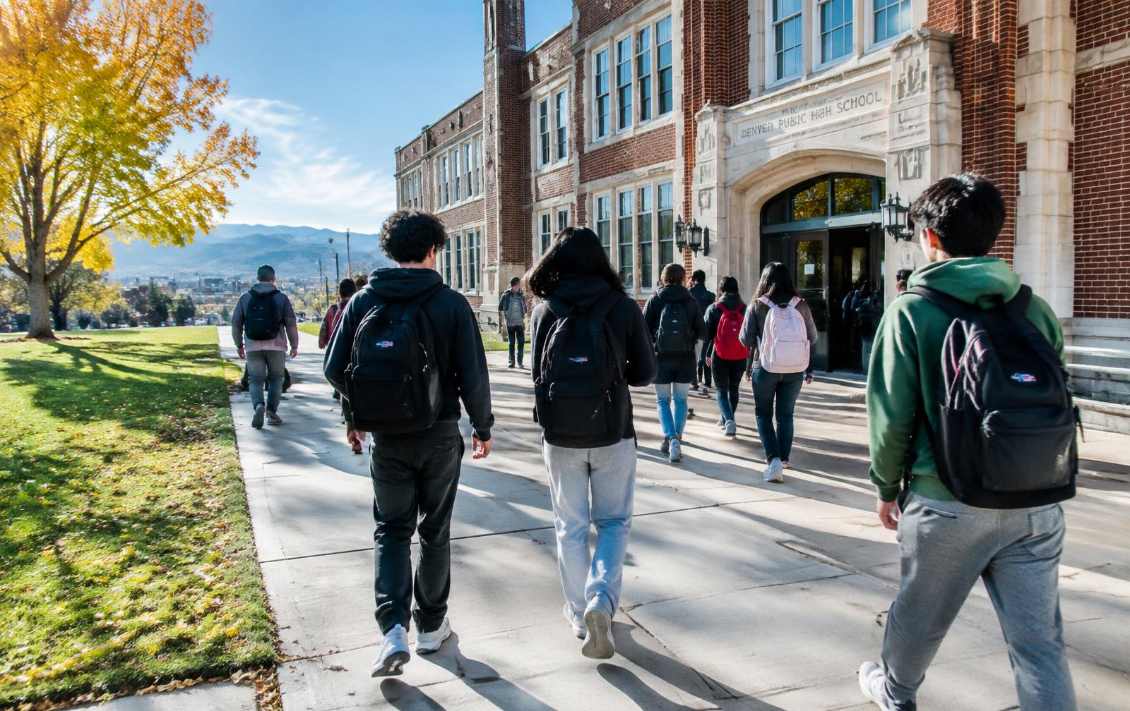 Students walking into a Denver public high school